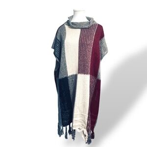 Womens Cowl Neck Patchwork Knit Poncho Fringe Boho Sweater Cape Western Gray Red